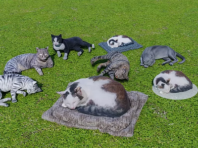 Realistic Cat Statues on Green Grass with Various Poses and Colors 3d model