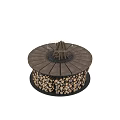 Round Wooden Outdoor Cooking Utensil With Stacked Firewood And Circular Countertop