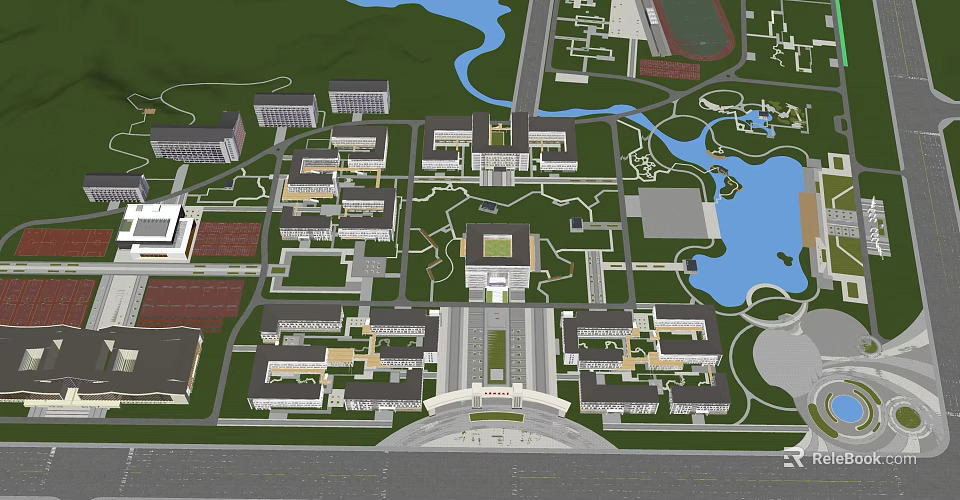 Campus Landscape Architecture Design With Building Layout Water Elements And Green Spaces 3d model