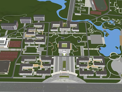 Campus Landscape Architecture Design With Building Layout Water Elements And Green Spaces 3d model