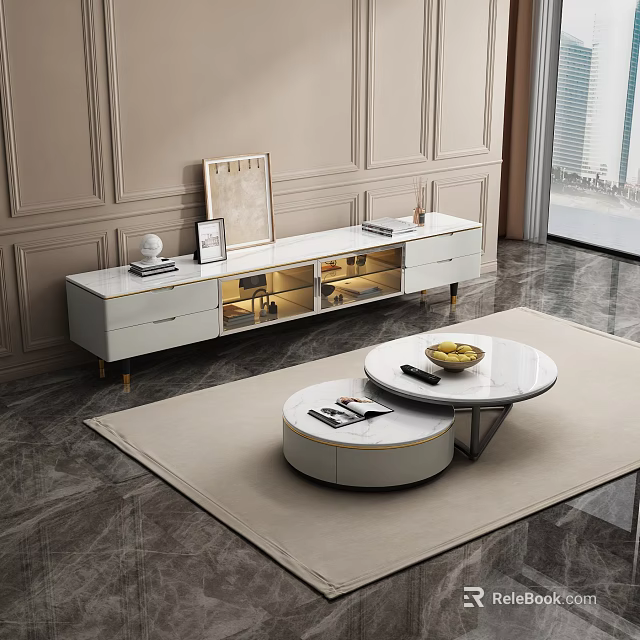 Elegant Living Room Featuring White TV Cabinet Marble Coffee Table Light Rug And Paneled Walls 3d model 