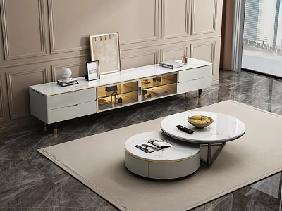 Elegant Living Room Featuring White TV Cabinet Marble Coffee Table Light Rug And Paneled Walls 3d model
