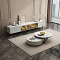 Elegant Living Room Featuring White TV Cabinet Marble Coffee Table Light Rug And Paneled Walls