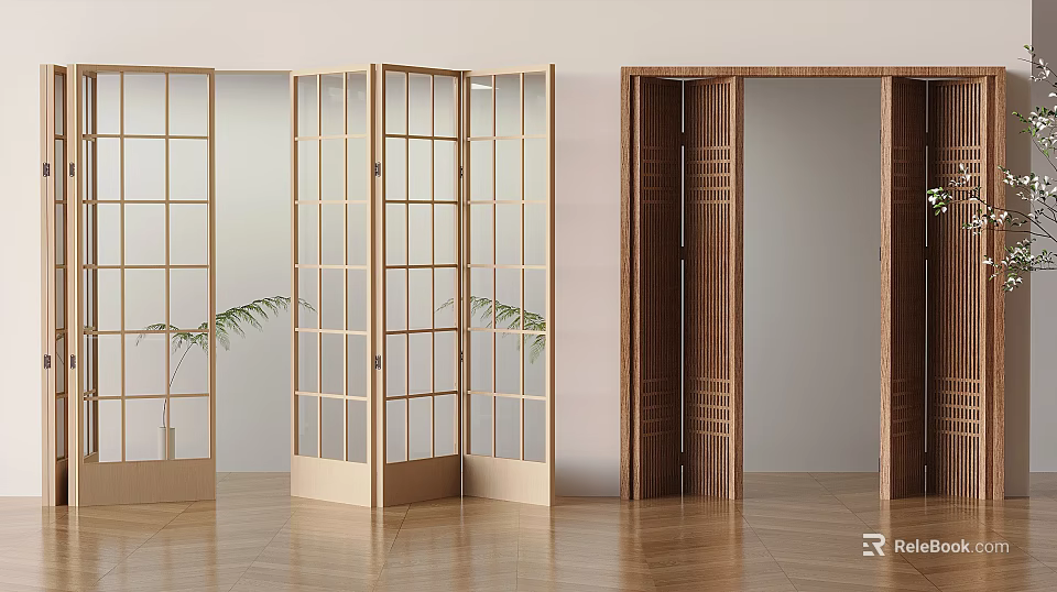 Modern Interior Folding Doors With Wooden Frame Glass Panels And Lattice Design 3d model 
