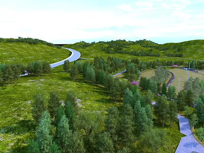 Durable Hinged Door For Outdoor Entrance Near Green Hillside And Winding Road 3d model