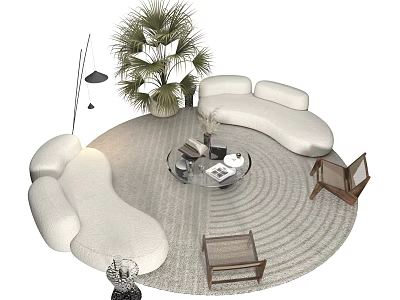 Modern White Curved Sofa And Round Coffee Table Set With Palm Plant And Round Area Rug 3d model