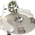 Modern White Curved Sofa And Round Coffee Table Set With Palm Plant And Round Area Rug