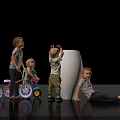 Group of children playing around white pillar with tricycle and various poses