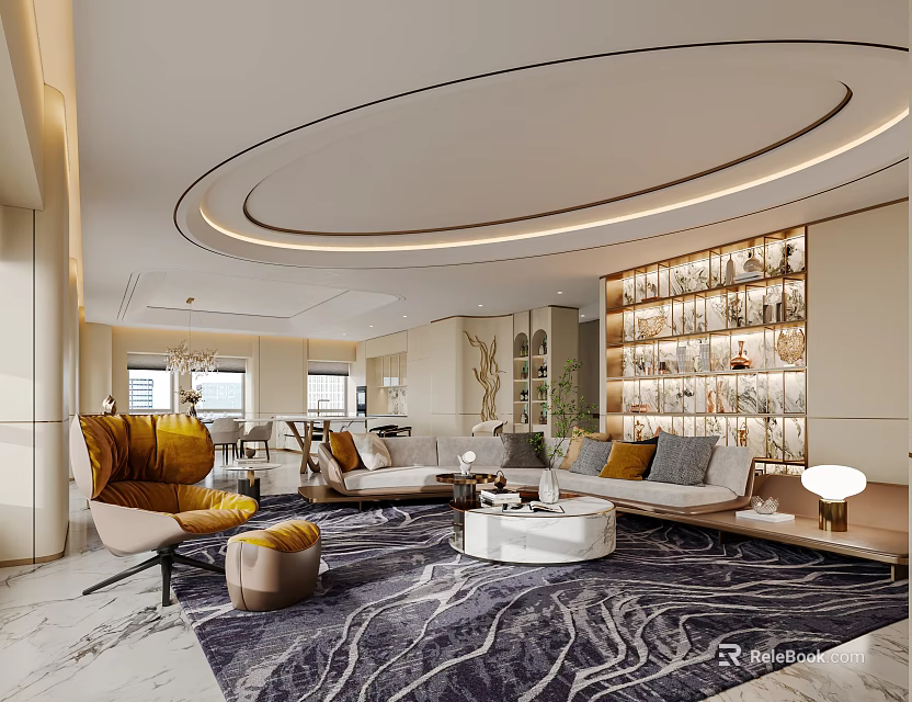 Elegant Modern Living Dining Room Interior With Sofa Bookshelf And Patterned Rug 3d model