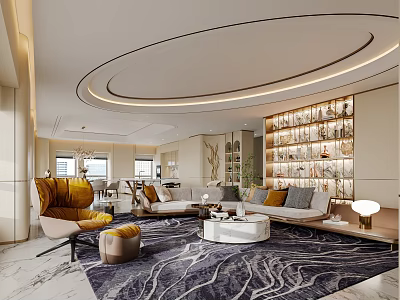Elegant Modern Living Dining Room Interior With Sofa Bookshelf And Patterned Rug 3d model