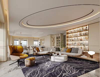 Elegant Modern Living Dining Room Interior With Sofa Bookshelf And Patterned Rug 3d model