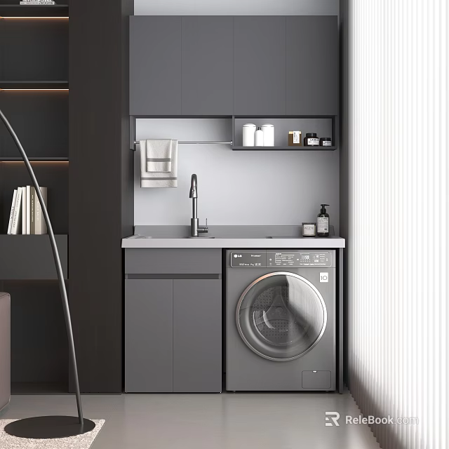 Home Balcony Design With Gray Cabinets Washing Machine Sink And Storage Shelf 3d model 