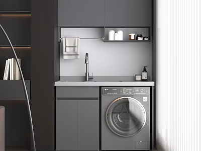 Home Balcony Design With Gray Cabinets Washing Machine Sink And Storage Shelf 3d model