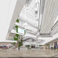Shopping Mall Interior With Multiple Floors Hanging Lights Digital Screens Green Plant Walls And Pedestrians