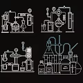 Laboratory Equipment Wall Decor Featuring White Line Art Chemical Lab Apparatus On Black Background