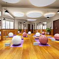Yoga Fitness Studio Interior With Colored Yoga Balls Mats And Wooden Floors