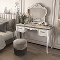 Elegant White Dressing Table with Carved Mirror Stool and Decorative Flowers in Bedroom