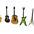 Variety of Musical Instruments and Art Supplies Including Guitars and Paint Tools