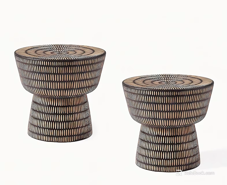 Two Woven Shoe Stools with Round Top and Textured Pattern for Home Entryway 3d model 
