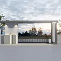 Modern Entrance Gate Design With White Pillars Black Gate Enclosure Trees And Sunset Sky