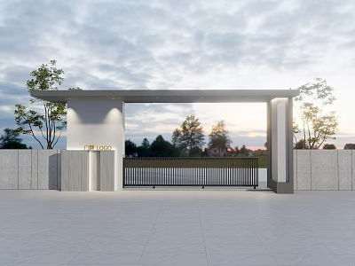Modern Entrance Gate Design With White Pillars Black Gate Enclosure Trees And Sunset Sky 3d model