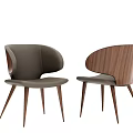 Stylish Modern Dining Chairs with Curved Walnut Backrest and Leather Seat and Slim Wooden Legs