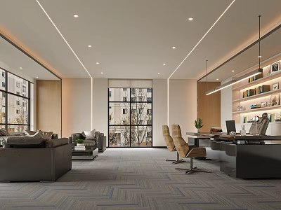 Modern Office Interior Design With Spacious Sofa Area Executive Desk And Large Windows 3d model