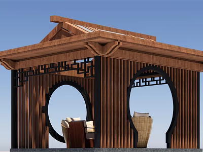 Garden Landscape Featuring Wooden Pavilion With Traditional Roof Circular Openings And Wicker Furniture 3d model