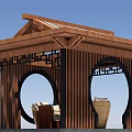Garden Landscape Featuring Wooden Pavilion With Traditional Roof Circular Openings And Wicker Furniture