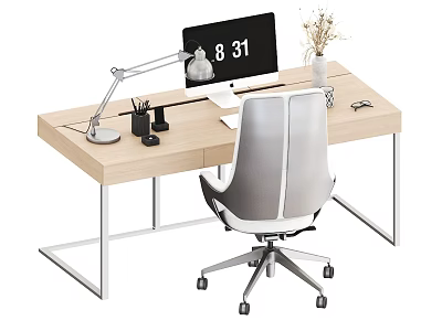 Modern Office Desk with Wooden Top Metal Frame Computer Monitor Desk Lamp and Ergonomic Chair 3d model