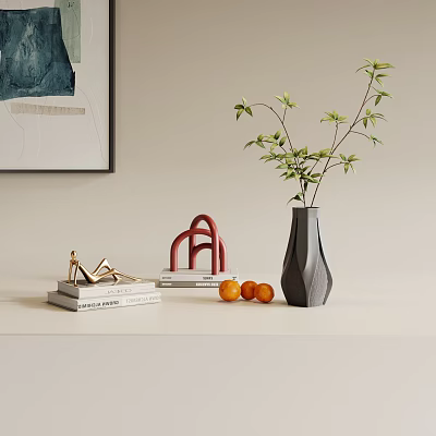 Modern Decorative Ornament Set With Vase Green Plant Stacked Books Oranges And Sculpture 3d model