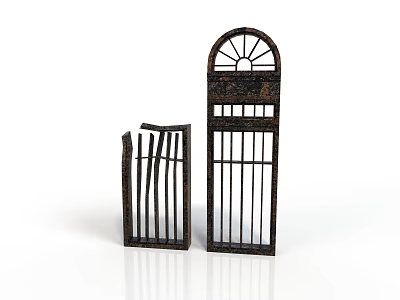 Vintage Iron Gate Components With Short Vertical Slats And Tall Arched Top Grille Design 3d model