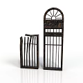 Vintage Iron Gate Components With Short Vertical Slats And Tall Arched Top Grille Design