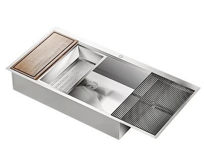 Premium Stainless Steel Kitchen Sink Featuring Wooden Cutting Board Drying Rack And Strainer 3d model