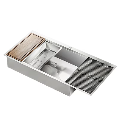 Premium Stainless Steel Kitchen Sink Featuring Wooden Cutting Board Drying Rack And Strainer 3d model