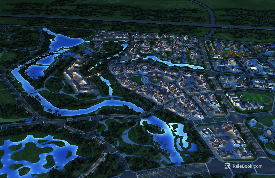 Aerial View Urban Planning With Rivers Lakes Buildings Roads And Green Spaces 3d model 