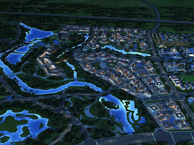 Aerial View Urban Planning With Rivers Lakes Buildings Roads And Green Spaces 3d model