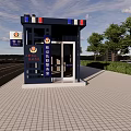 Blue Police Security Booth With POLICE Sign Near Green Trees And City View