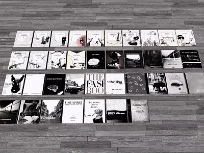 Various Books And Magazines Displayed On Wooden Floor With Different Covers 3d model