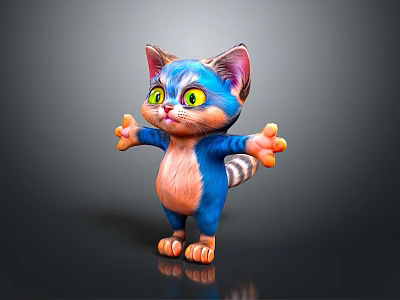 Cute Cartoon Kitten with Blue and Orange Fur Big Green Eyes Arms Outstretched Standing 3d model