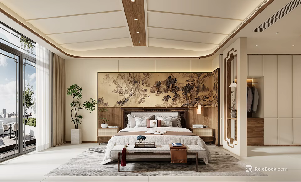 Elegant Chinese Bedroom Interior Design With Landscape Painting Bed Wooden Nightstands And Area Rug 3d model 