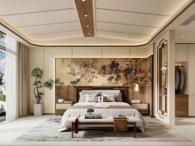 Elegant Chinese Bedroom Interior Design With Landscape Painting Bed Wooden Nightstands And Area Rug 3d model