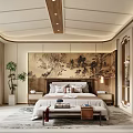 Elegant Chinese Bedroom Interior Design With Landscape Painting Bed Wooden Nightstands And Area Rug