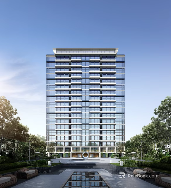 Contemporary High Rise Residential Building Featuring Glass Curtain Walls And Surrounded By Lush Green Trees 3d model 