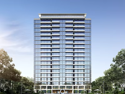 Contemporary High Rise Residential Building Featuring Glass Curtain Walls And Surrounded By Lush Green Trees 3d model