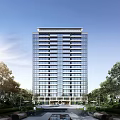 Contemporary High Rise Residential Building Featuring Glass Curtain Walls And Surrounded By Lush Green Trees