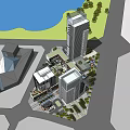Modern Commercial Street Featuring Retail Shops Pedestrians Benches Fountains and Greenery