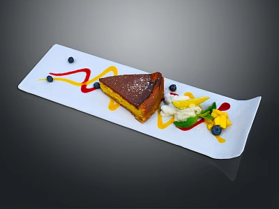 Delicious Caramel Cake Slice Served On White Plate With Colorful Sauce And Fresh Blueberries 3d model