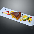 Delicious Caramel Cake Slice Served On White Plate With Colorful Sauce And Fresh Blueberries