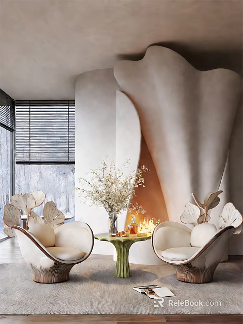 Elegant Modern Interior With Stylish Leisure Chairs Green Table And Flower Arrangement 3d model 
